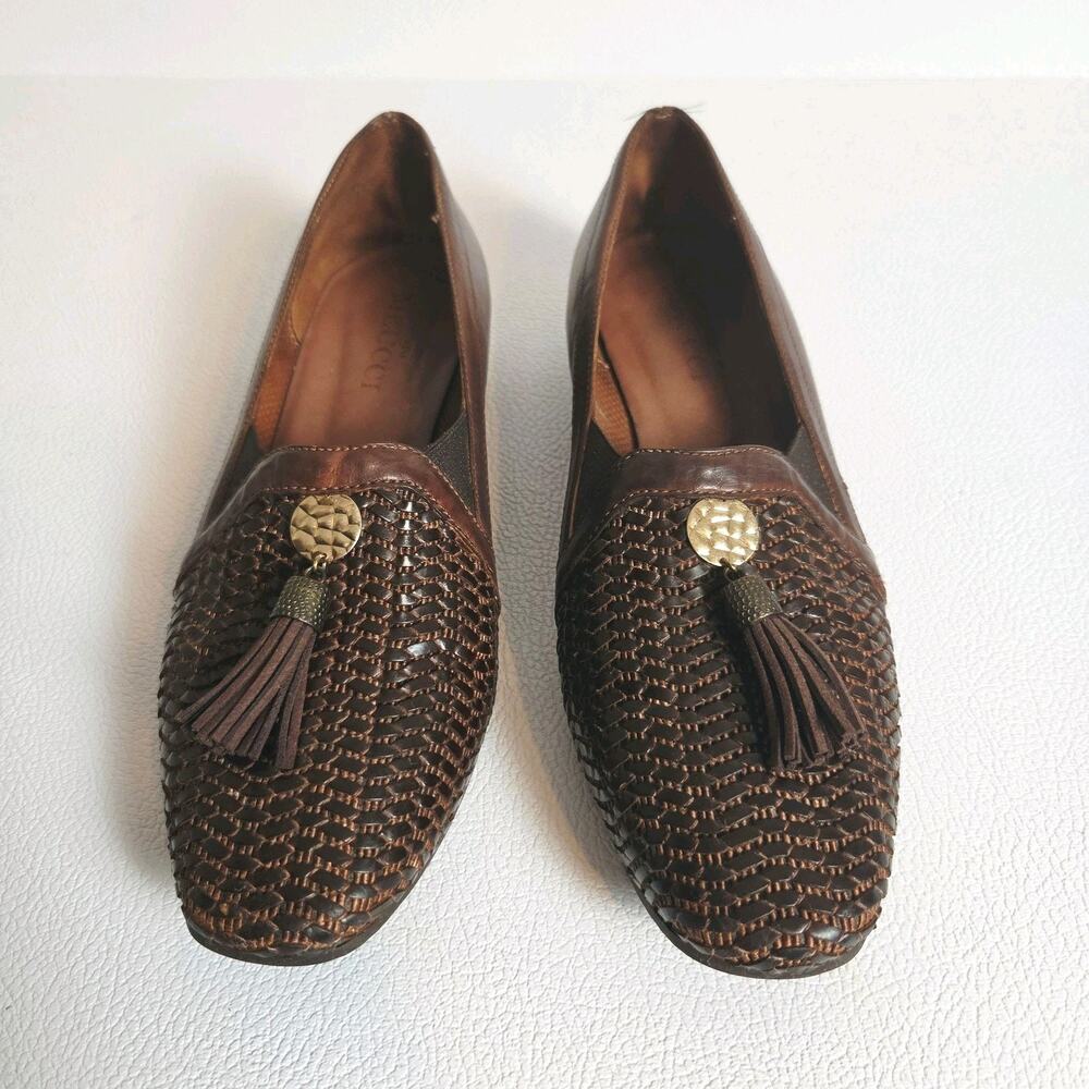 Sesto Meucci Loafers Womans 8 Brown Leather Basketweave Woven Tassel Italy Flat